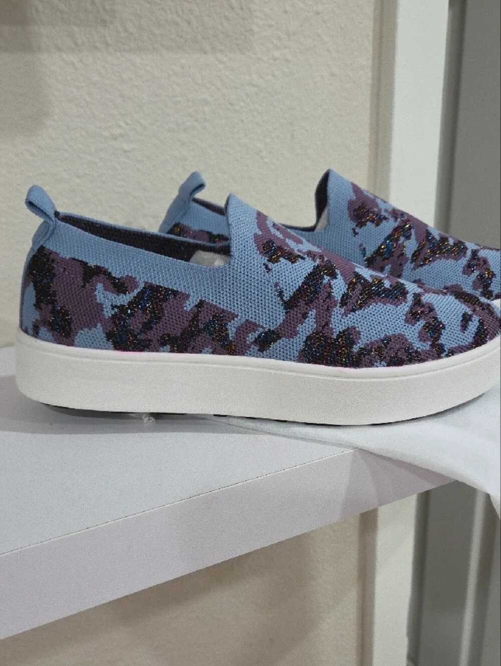 bernie mev. Knit Slip-On Sneakers in Light Blue and Purple Camo